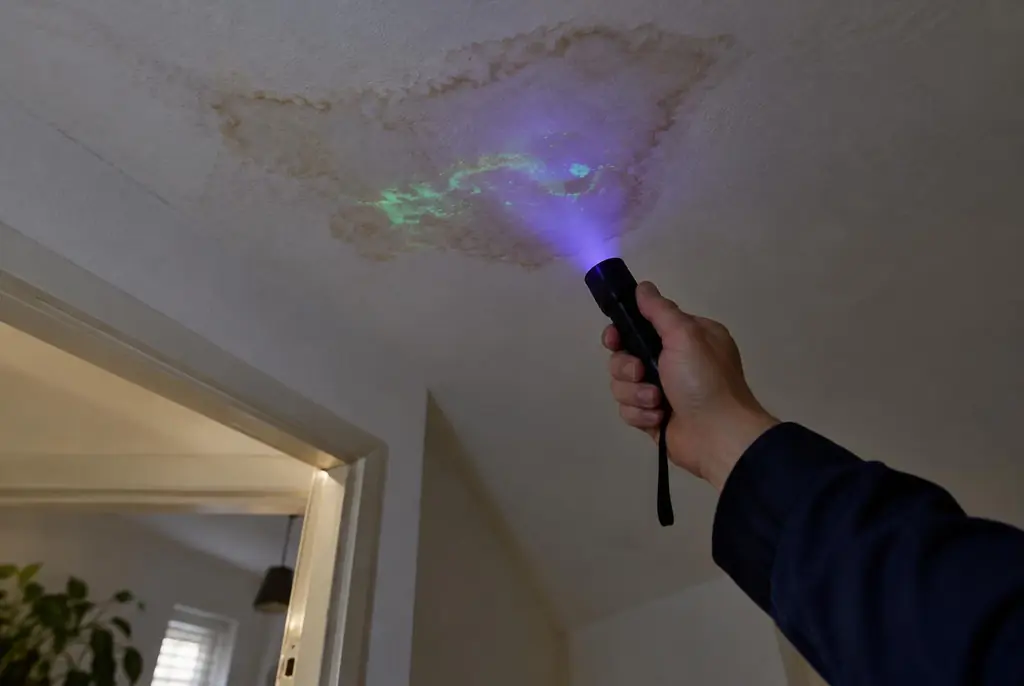 Lekdetectie Harskamp – kleurstof controleren op het plafond met uv-licht