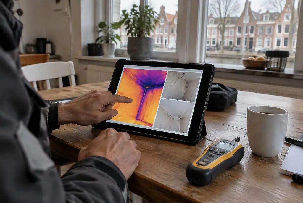 Lekdetectie Harskamp – lekdetectierapport met warmtebeelden en foto's op een tablet