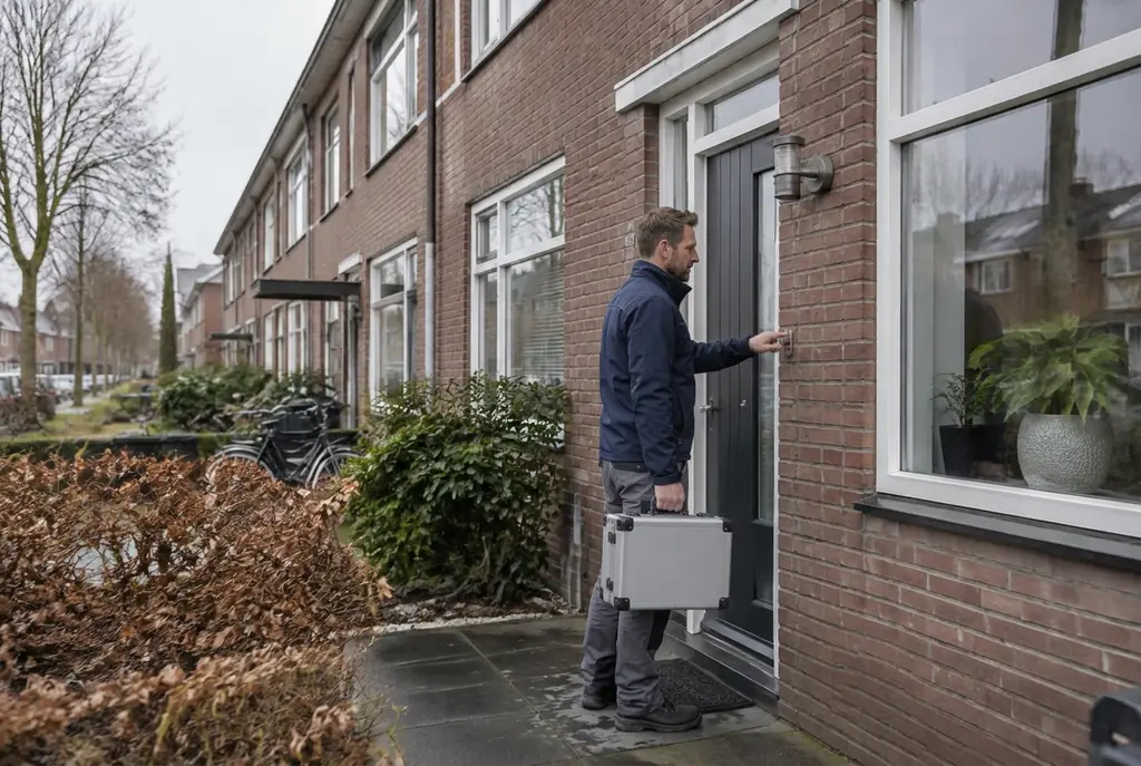 Lekdetectiespecialist met meetkoffer bij de voordeur van een woning in Harskamp
